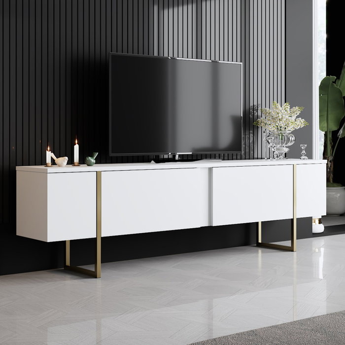 Hanah Home Soporte TV Blanco y Dorado 180cm con Patas Metálicas Elegantes